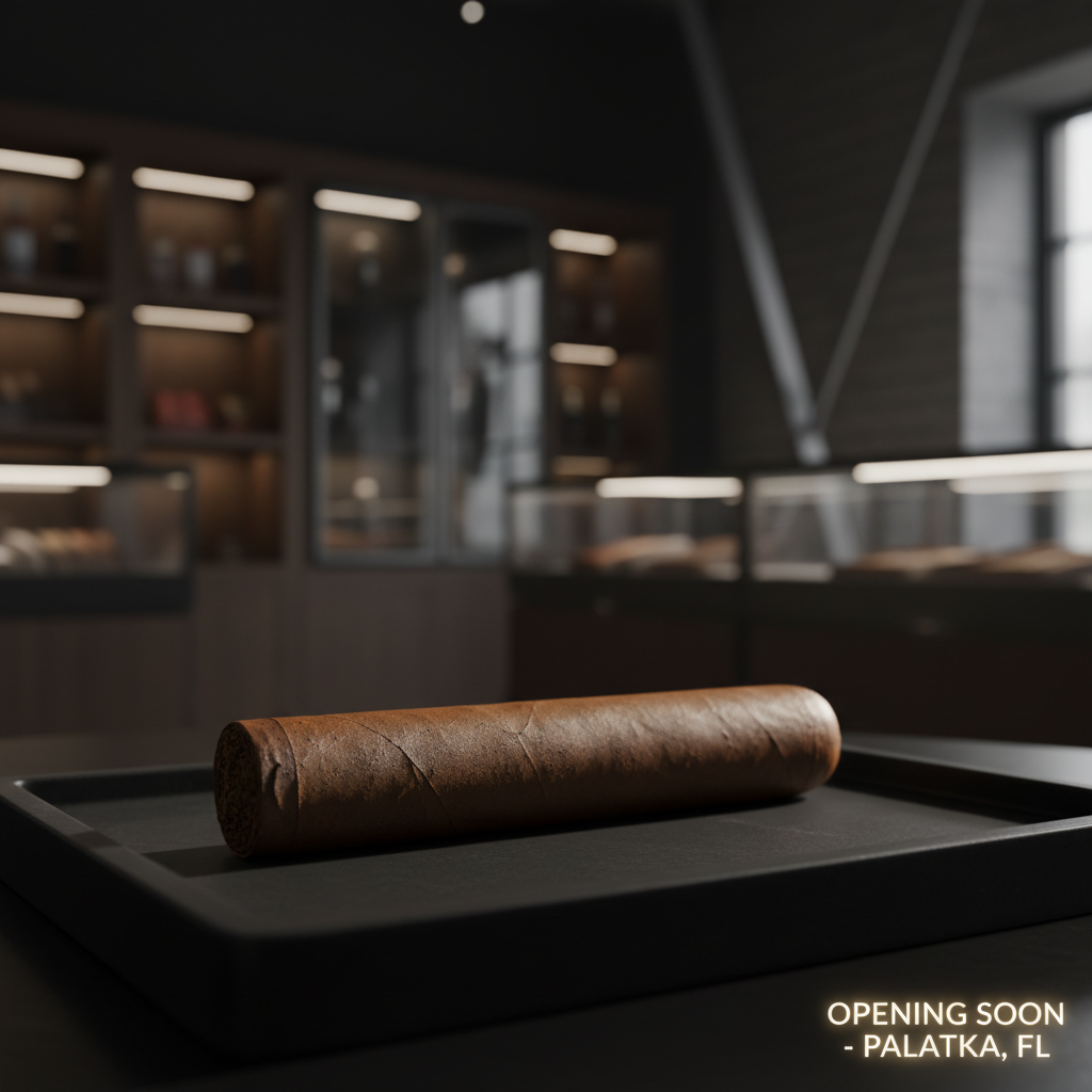 A cinematic, photographic image of a single premium cigar being honored as a hero object: a robust, hand-rolled cigar with a rich brown wrapper and slightly textured surface, resting on a matte black stone tray. The background evokes Palatka, Florida’s upcoming location with a refined, modern retail interior: dark wood shelving, backlit glass cases, and abstract architectural hints, all softly out of focus. Dramatic side lighting creates a strong contrast, with a bright rim of light along the cigar’s edge and deep, velvety shadows behind. Shot from a low-angle, rule-of-thirds composition, the mood is anticipatory and sophisticated, suggesting an opening-soon timeline and elevated brand presence.