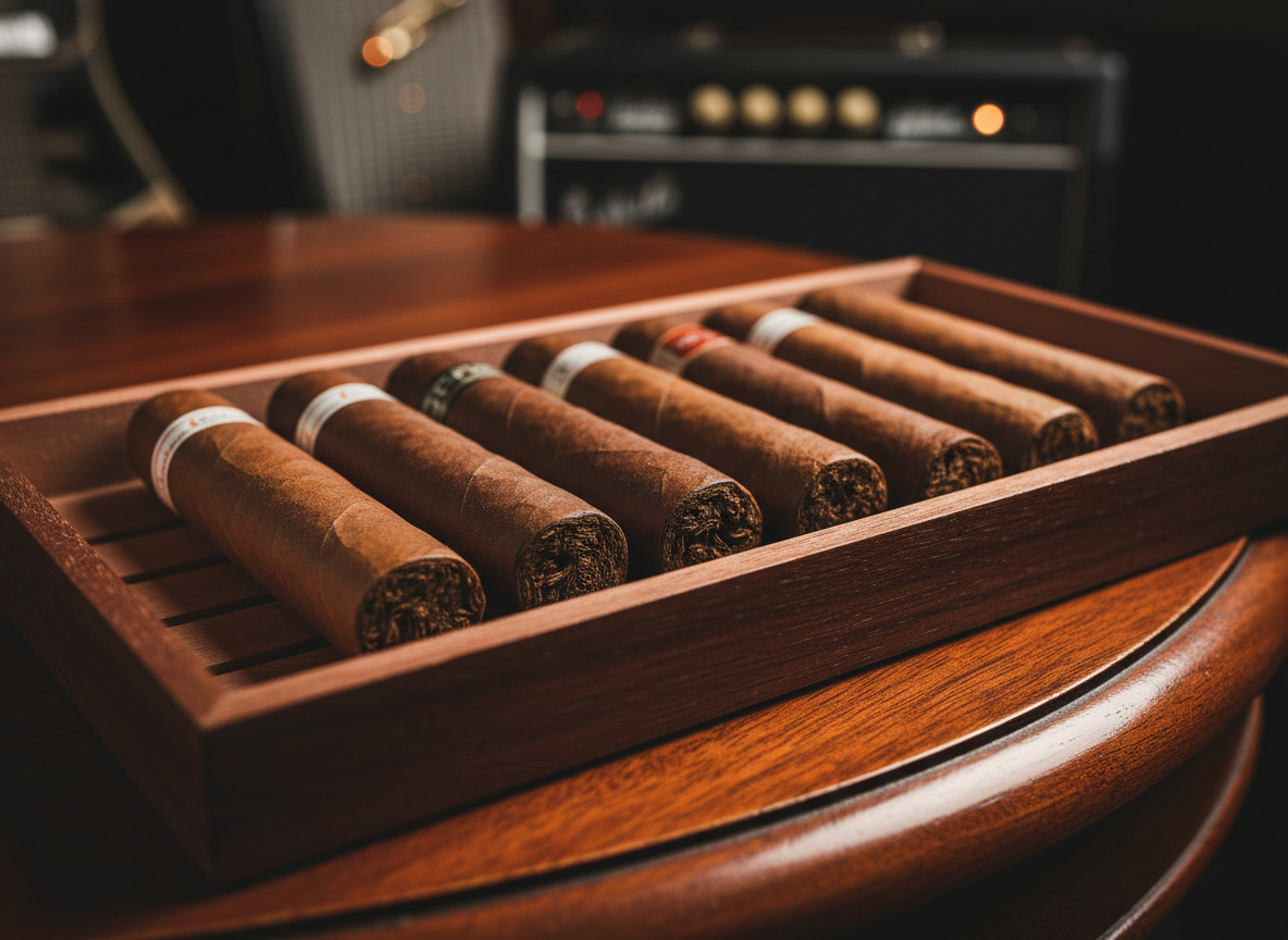 A close-up, photographic realism shot of a row of premium hand-rolled cigars resting in a dark wooden humidor tray. Each cigar shows intricate, slightly veined tobacco leaf with a satin sheen and carefully twisted caps. The setting is a sophisticated lounge-style surface of rich mahogany, with blurred hints of vintage speakers and a classic guitar amp in the background, subtly suggesting Blues culture without text. Warm, low ambient lighting creates golden highlights along the cigar edges and soft, moody shadows in the humidor grooves. Captured at a slightly elevated angle with shallow depth of field, the composition feels intimate, luxurious, and refined, emphasizing craftsmanship and premium quality.
