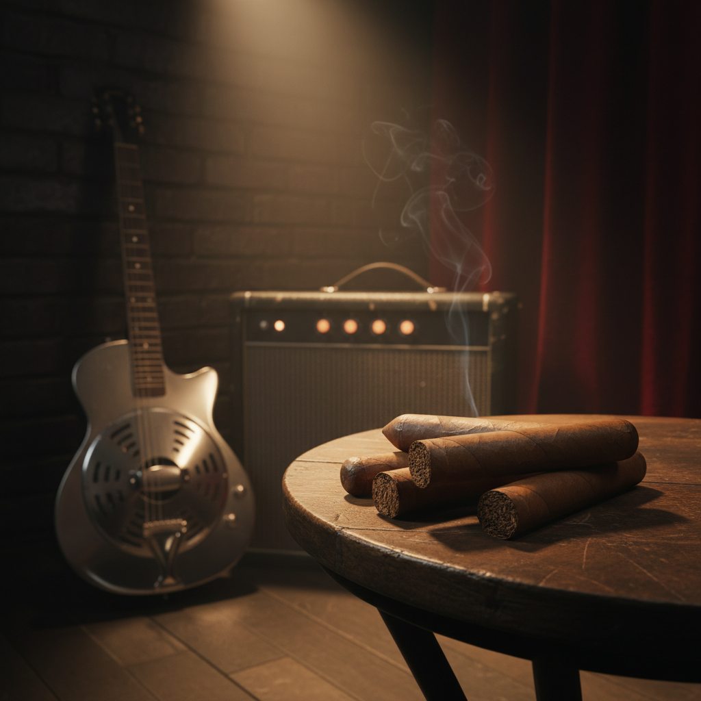 A moody, photographic scene of a Blues-inspired cigar corner: a cluster of hand-rolled cigars on a small round table made of worn, dark-stained wood, beside a vintage-style resonator guitar leaning in the background, partially in shadow. A classic tube amplifier with softly glowing dials sits further back, rendered without any readable branding or text. A single warm spotlight from above and slightly behind creates a smoky-club atmosphere, with long, soft shadows and gentle highlights along the cigar wrappers. Captured from an eye-level angle with shallow depth of field, the image feels soulful, intimate, and steeped in authentic Blues culture while showcasing the cigars as the clear focal point.