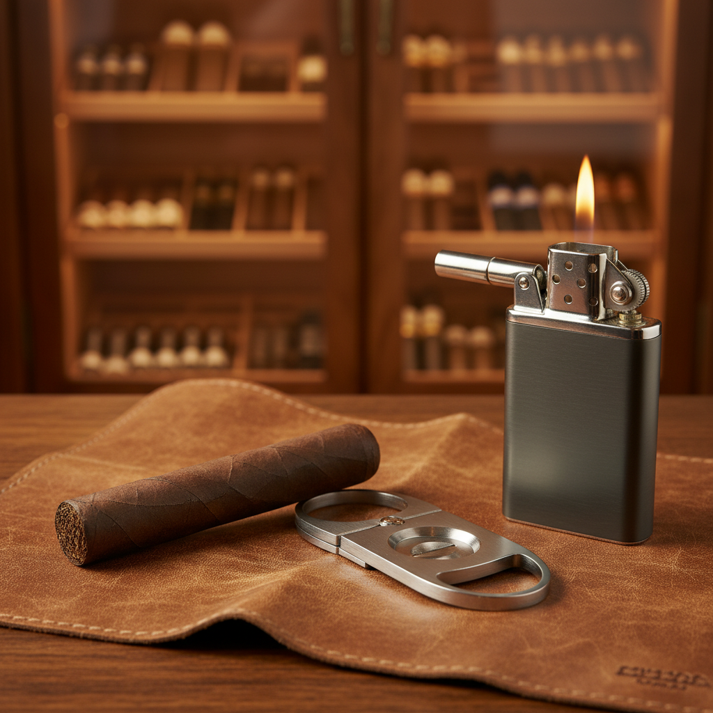A detailed, photographic close-up of a cigar-cutting and preparation scene for discerning adults: a premium hand-rolled cigar lies diagonally across a weathered leather mat, beside a polished double-blade cutter and a heavy, brushed-metal lighter. The background features a blurred humidor cabinet with rows of cigars and subtle wood grain, suggesting a serious, age-restricted environment without any people present. Warm, intimate lighting from a nearby lamp creates soft reflections on the metal surfaces and rich, amber highlights in the tobacco leaf. Shot from a slightly elevated, three-quarter angle with sharp focus on the cigar and accessories and gentle bokeh behind, the mood is contemplative, refined, and ritualistic, emphasizing craftsmanship and sophistication.