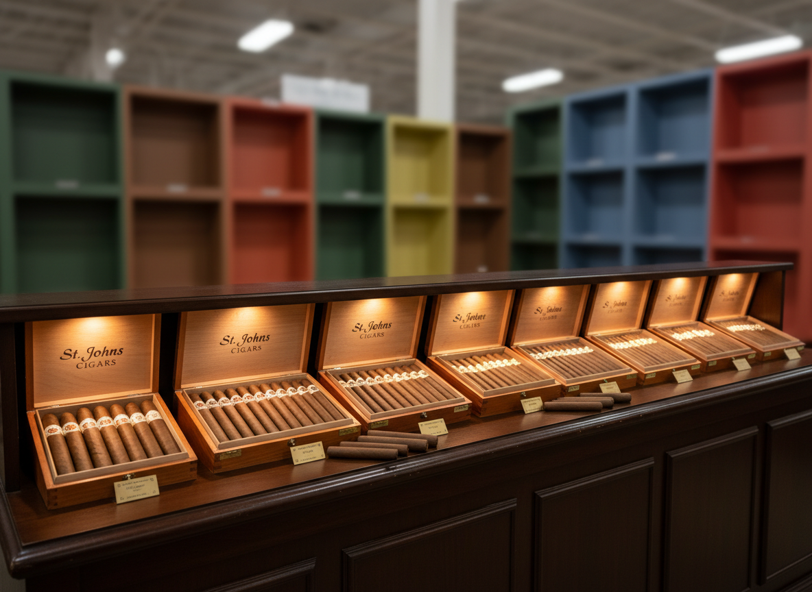 A wide, photographic view of an elegant cigar display for St Johns Cigars, featuring neatly arranged hand-rolled cigars in open cedar boxes on a polished dark-wood counter. In the background, an abstract representation of the Daytona Flea and Farmers Market booth appears as clean, structured vendor shelving, signage suggested only by color blocks without legible text. Soft overhead market lighting combines with warm accent spotlights that gently illuminate the cigars, casting subtle shadows. The atmosphere is inviting yet sophisticated, with a balanced eye-level composition and mild background blur, conveying a premium experience in a casual market setting while remaining age-restricted and grown-up in mood.